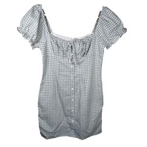 Rumor Gingham Mini Dress Women Size 8 Gray White Milkmaid Cottagecore Puff Slve